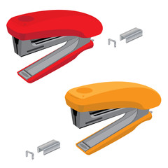 Stapler and staples. Red with orange stapler and staples isolated on white background. - obrazy, fototapety, plakaty