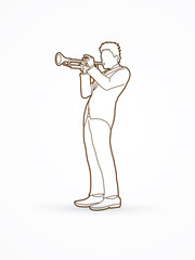 Trumpeter playing trumpet outline graphic vector.