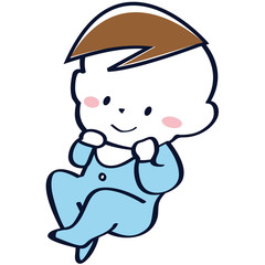 ほほ笑む青いベビー服を着た男の子の赤ちゃん
