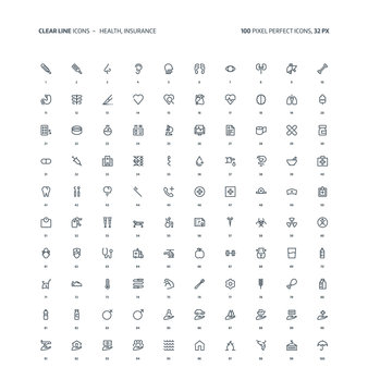 Health and insurance clear line icons