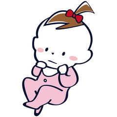 不満そうピンクベビー服を着た女の子の赤ちゃん