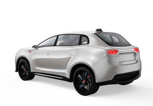 Rear view of metallic light gray electric SUV concept car. 3D rendering image with clipping path. 