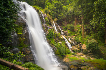 Fototapeta na wymiar Wachirathan waterfalls is the second major waterfall on the way up Doi Inthanon national park This one is an impressive and powerful waterfall of Chiangmai province of Thailand.