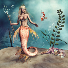 Morska syrenka trzymająca trójząb na dnie oceanu © Obsidian Fantasy
