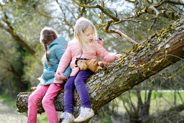 Naklejka na ściany i meble Two cute little sisters sitting on a tree log on spring day