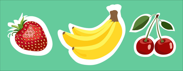 Set of vector colorful fruits stickers on turquoise.