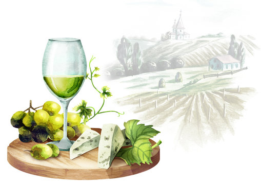 White wine, grapes, cheese and landscape