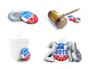 law gavel vote election badge button for 2016. 3d Illustrations on a white background