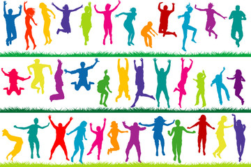 Fototapeta na wymiar Collection of colored silhouettes jumping