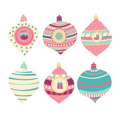 Set of color doodle Christmas balls and New Year symbols.