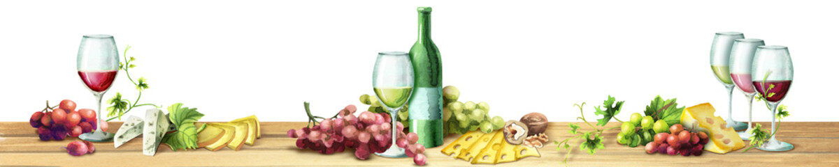 Panoramic image of wine and grapes on a white background. Can be used for kitchen skinali. Watercolor