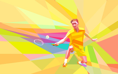 Polygonal badminton player on yellow low poly background
