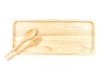 Top view : wooden tray and wooden spoon isolated on white background.