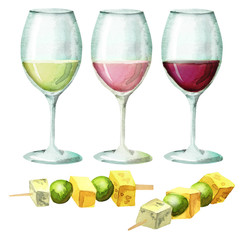 Colors of wine and canapes on skewers