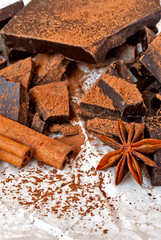 Dark chocolate with cinnamon stick, anise stars and cocoa. Selective focus.
