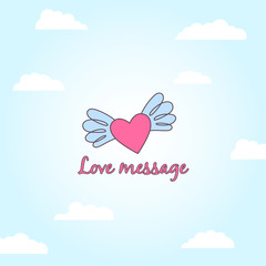 Love message vector logo.Heart with wings on sky with clouds background.