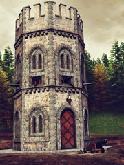 Średniowieczna wieża strażnicza i armata na tle lasu © Obsidian Fantasy