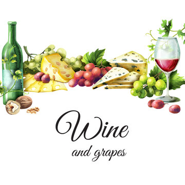 Wine and snacks background. Watercolor template