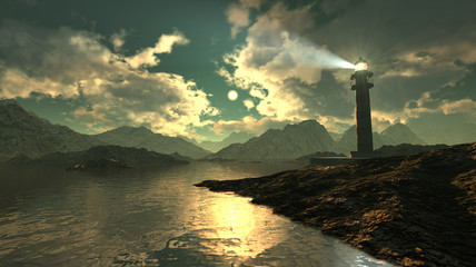 Magnificent seascape 3d illustration with dramatic cloudy sunset and lighthouse on a cliff among rocks