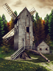 Drewniany wiatrak i szopa na tle jesiennego lasu © Obsidian Fantasy