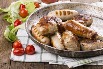 Grilled chicken sausages and burgers.