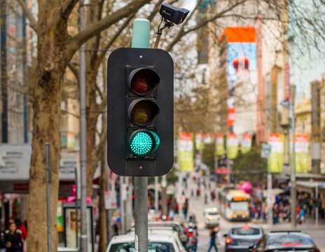 Traffic Light Showing Green In Downtown Melbourne, Australia