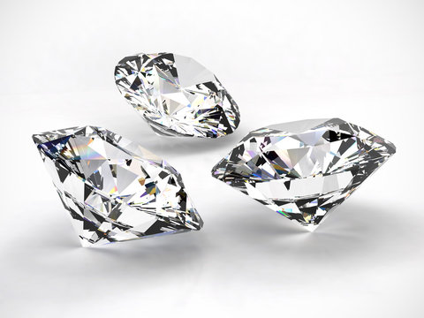 Diamonds isolated on white background with light reflection. 3d