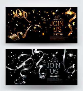 Holiday background. Invitation gold and silver cards with sparkling serpentine and star shaped confetti. Vector illustration