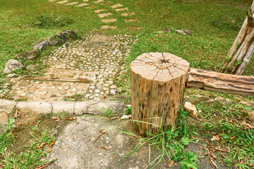 wood stump stool in the garden