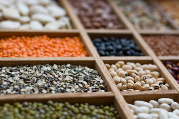 Collection assorted of lentils, beans, peas, grain, groats, soyb