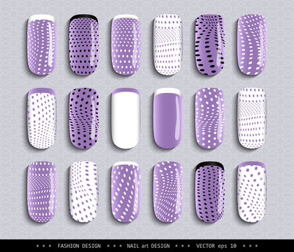 Nail art design. A set overhead nail, labels, stickers, elements for design. Ideas for manicure, pedicure, beauty salons, modeling agencies. Fashion trends. Collection in color. Vector illustration 