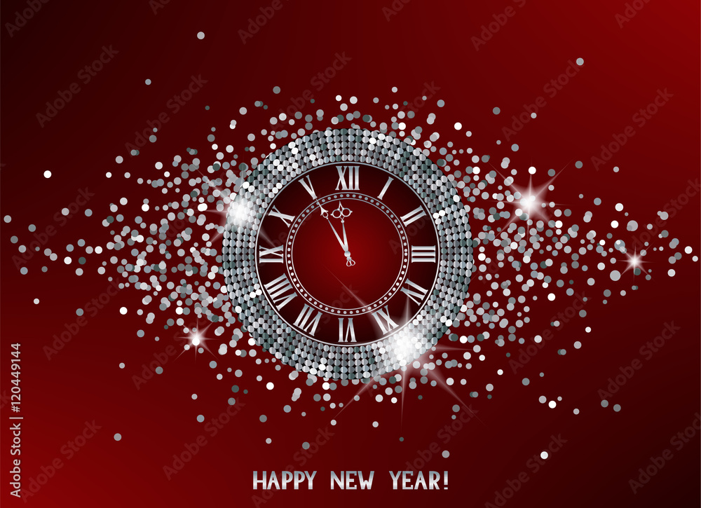 Wall mural magic new year composition with sparkling silver clock. vector illustration