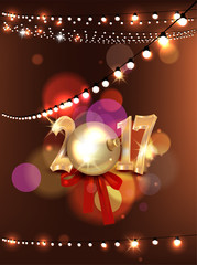 New year composition with ball, silk bow, gold numbers and garland of lights