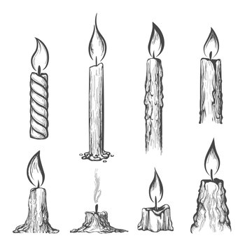 Candle hand drawn set. Vector burning candles sketch on white