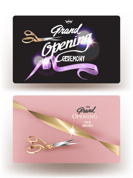 Grand opening cards with realistic ribbons and scissors.