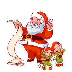 Santa Claus with long scroll and two little helpers.