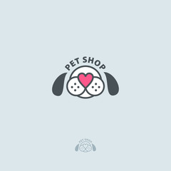 Pet shop vector logo. Dog head and nose in the shape of a heart.