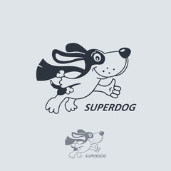 Funny cartoon dog in superhero costume with bone and thumb up. Vector logo.