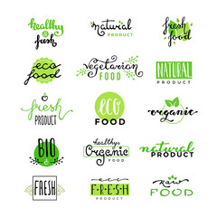 Hand lettering logo of vegetarian ecology fresh food. Hand drawn typeface