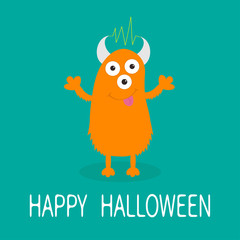 Happy Halloween card. Orange monster with eyes, horns, tongue, electricity line. Funny Cute cartoon character. Baby collection. Flat design. Green background.