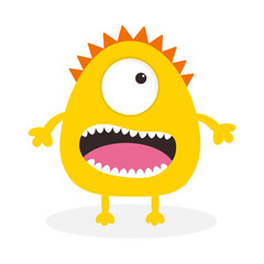 Yellow monster with one eye, teeth, tongue. Funny Cute cartoon character. Baby collection. Isolated. Happy Halloween card. Flat design. White background.