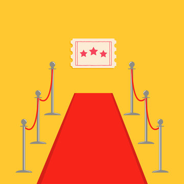 Red carpet and rope barrier golden stanchions turnstile Movie premiere ticket with stars. Isolated template Yellow background. Flat design