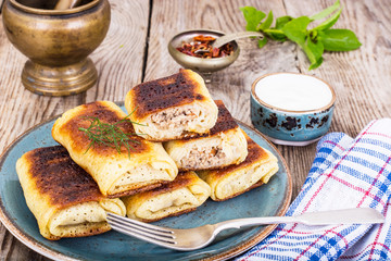 Pancakes with Chicken, Mushrooms and Meat