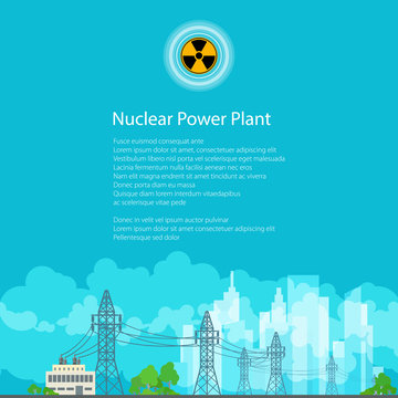 High Voltage Power Lines Supplies Electricity to the City, Poster Brochure Flyer Design, Radiation Sign, Vector Illustration