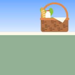 Folk basket with farm food flat design background vector illustr