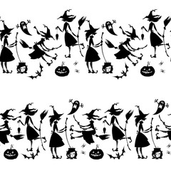 Little conjuring witches. Witchcraft. Happy halloween. Black and white. Seamless background pattern.