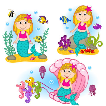 set of isolated mermaid under the water - vector illustration, eps
