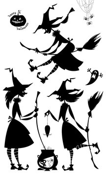 Group of three little conjuring witches. Witchcraft. Happy halloween. Black and white.