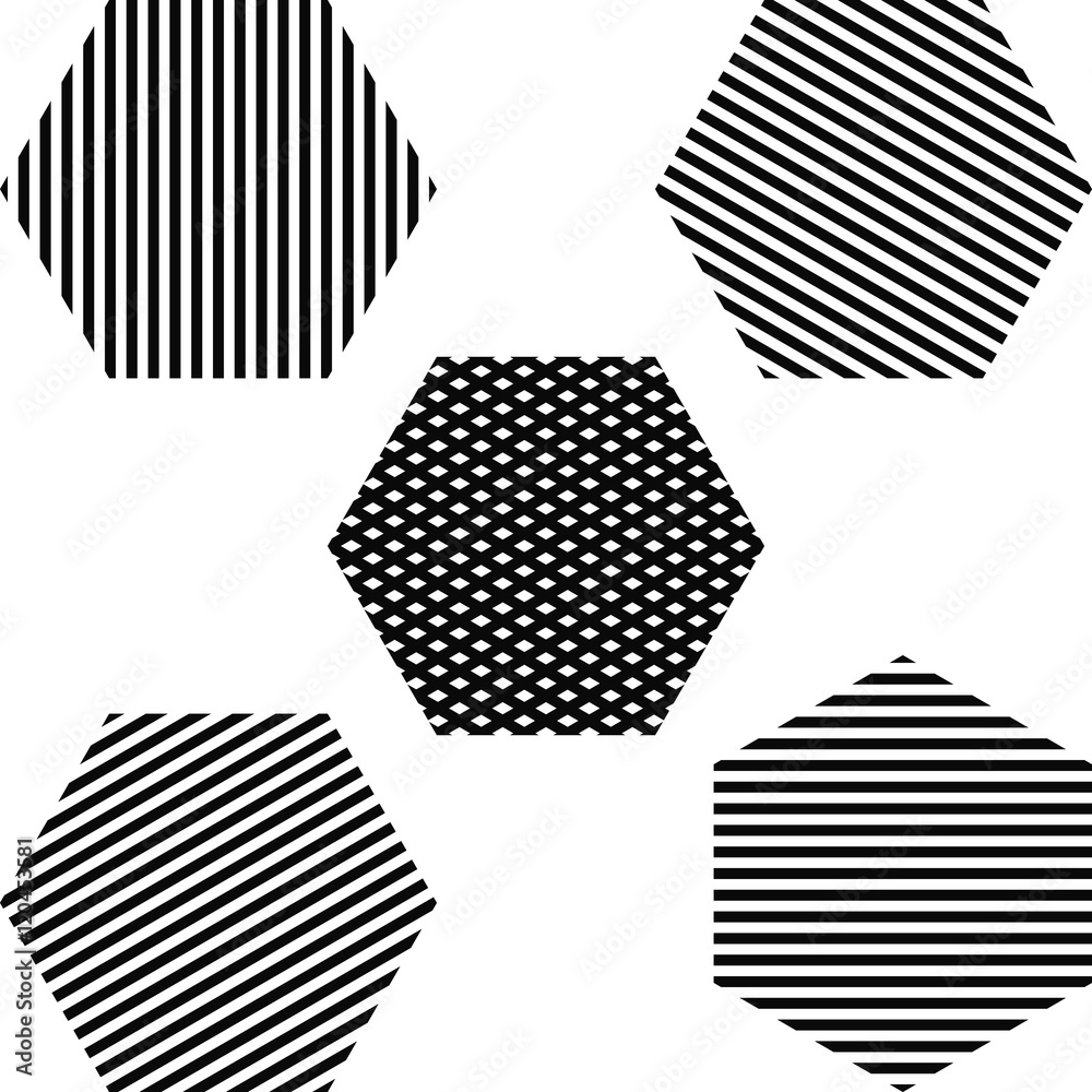 Poster Striped hexagon set, the lines located at different angles vector illustration for print or website design