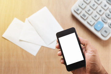 Man hands using smart phone white screen